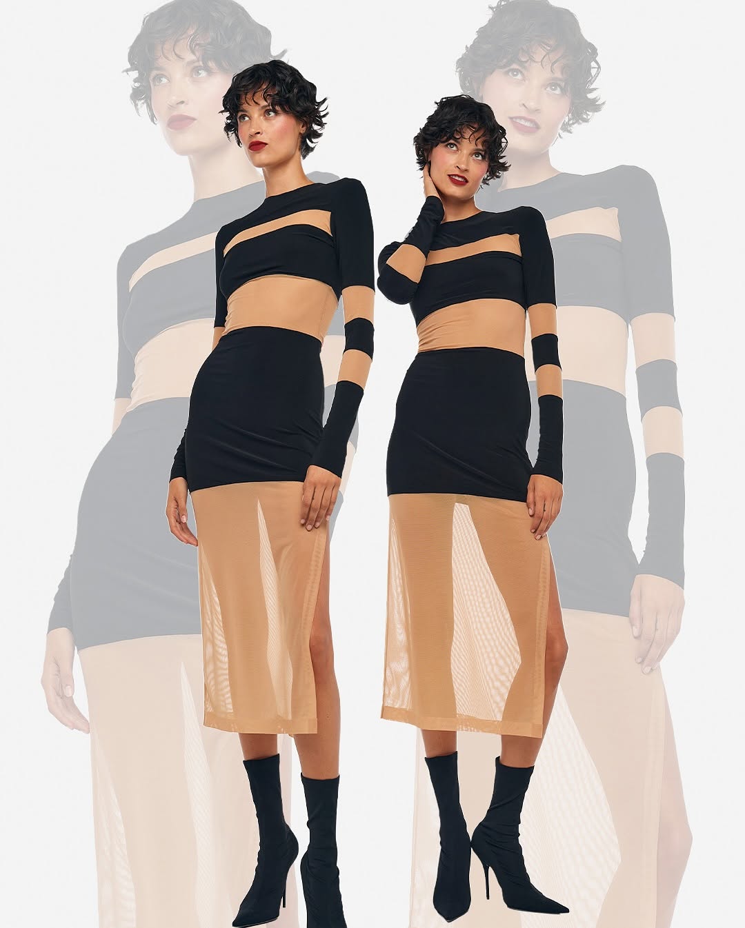 seamai Photo by Norma Kamali on February 16, 2025. May be an image of miniskirt, dress and turtleneck.