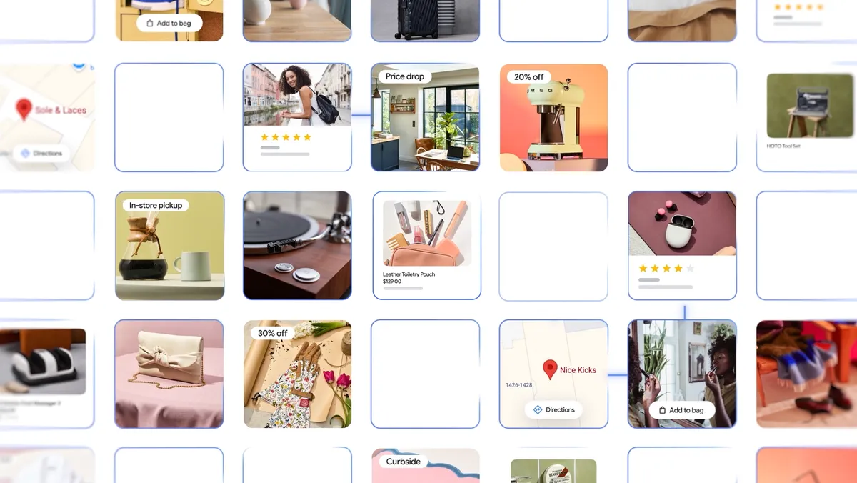 seamai A collage of shopping-related images and product listings, including clothing and accessories. A phone displays a shopping search query overlayed on the screen.