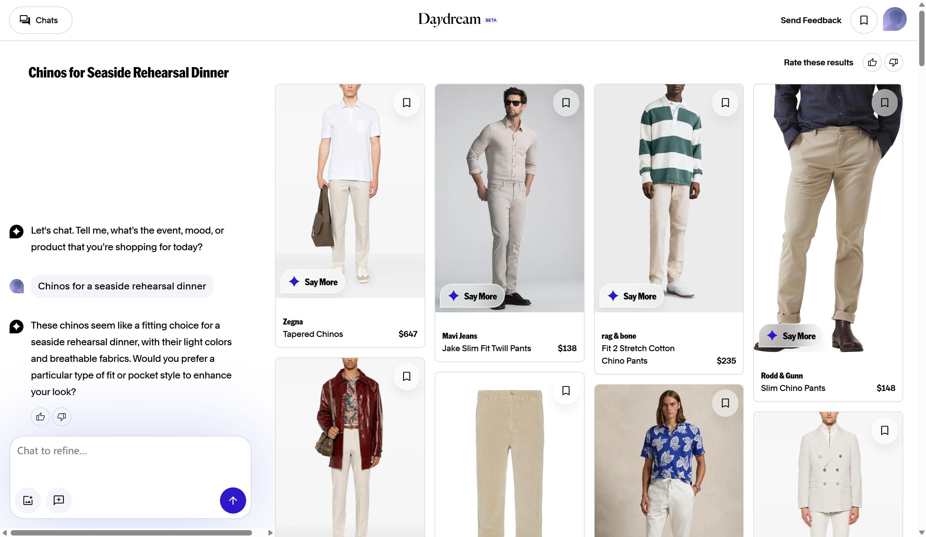 seamai Daydream's online interface with Chinos for Seaside Rehearsal Dinner