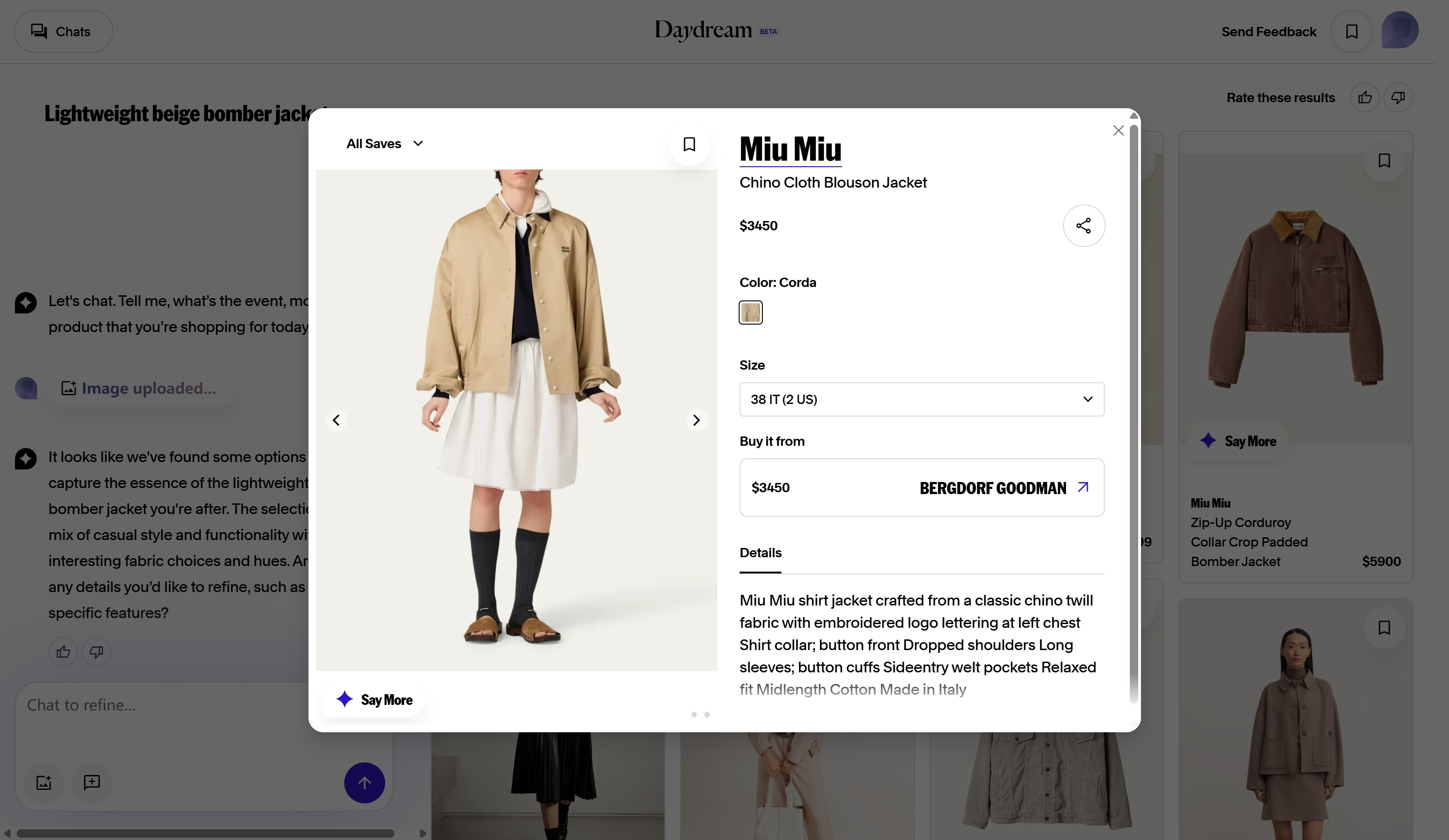 seamai one result of Daydream's online interface with Lightweight beige bomber jacket